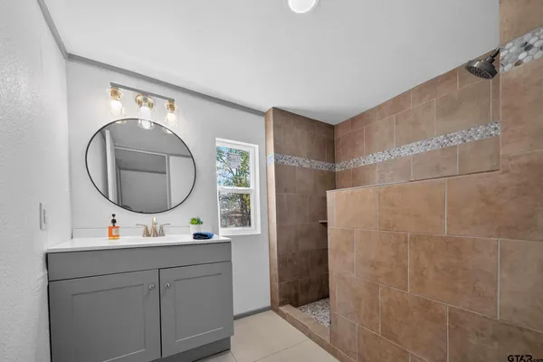 a bathroom with a sink mirror and vanity