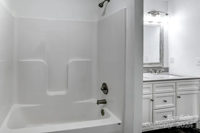 a bathroom with a bathtub sink vanity and mirror