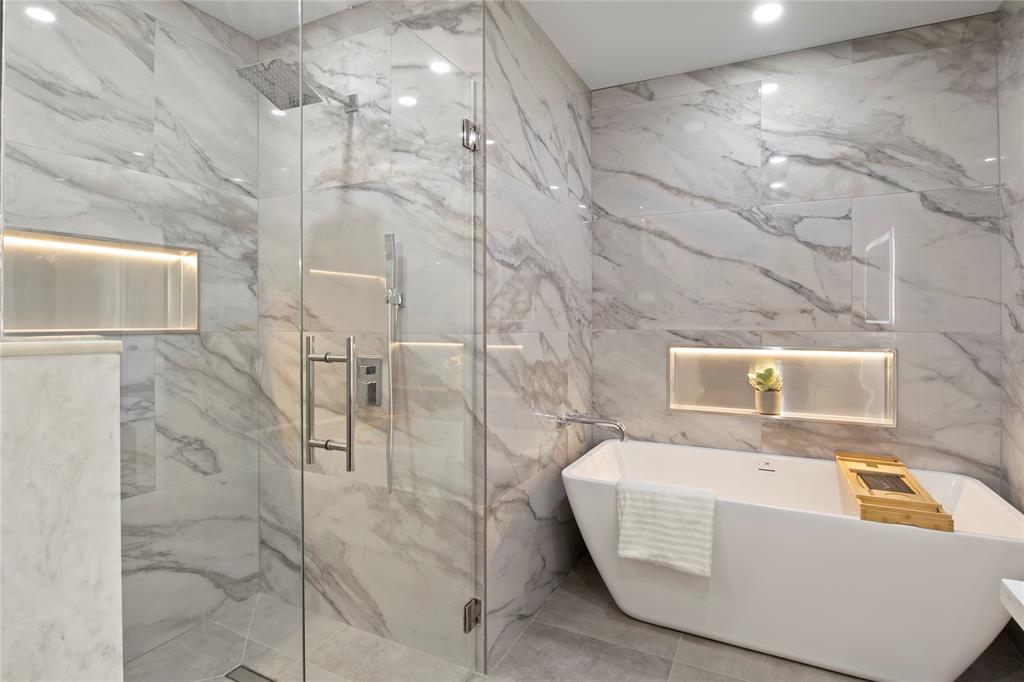 10427 Carry Back Place Dallas, TX 75229 - Photo 4 of 40 Primary en suite bathroom with LED lit shower niche and separate shower and tub
