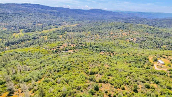 a view of a field with a mountain in the background