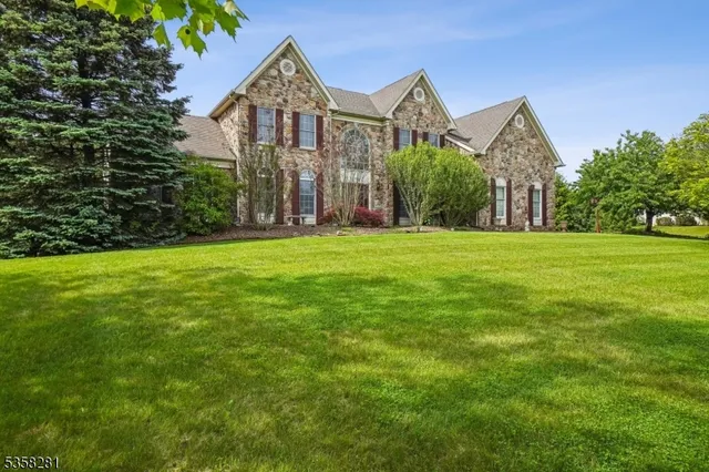 a front view of a house with yard and green space