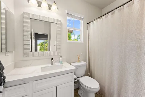 a bathroom with a sink a toilet and a mirror