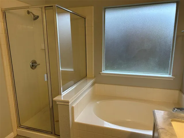 a bathroom with a bathtub and a shower
