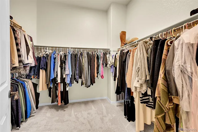 a view of walk in closet with clothes and shoes