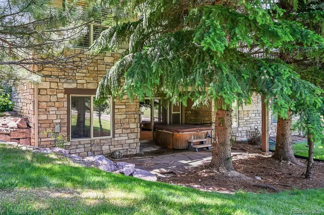 a view of a backyard with plants and large trees