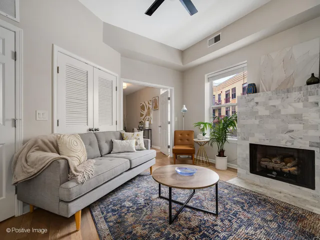 a living room with furniture a rug and a fireplace