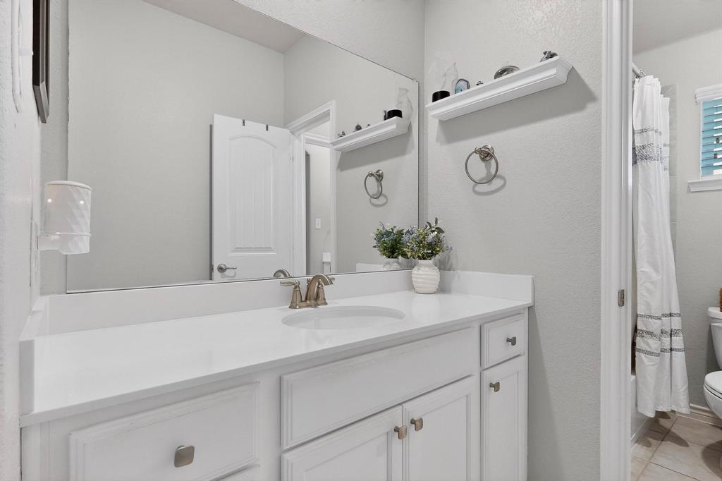 9801 Diamondback McKinney, TX 75071 - Photo 29 of 40 Full bath featuring vanity, a shower with shower curtain, and a textured wall