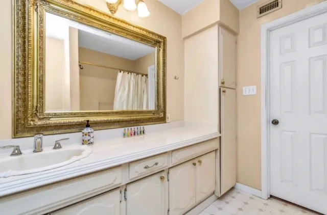 a bathroom with a sink and a mirror