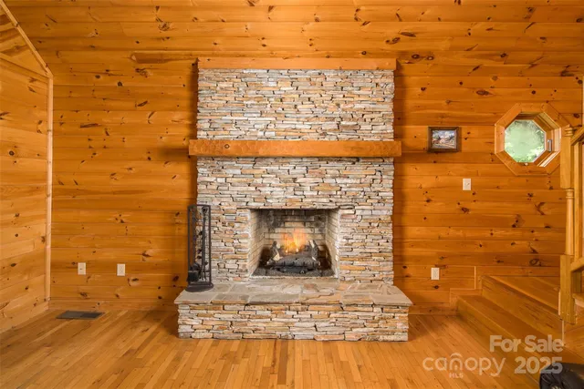 a living room with a fireplace