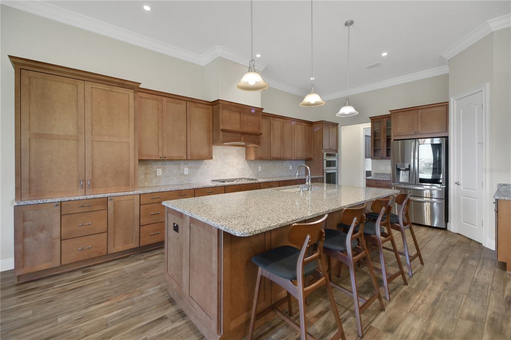 6008 Apex Way Lady Lake, FL 32159 - Photo 33 of 93 a kitchen with stainless steel appliances granite countertop a sink a stove a refrigerator and island with wooden floor