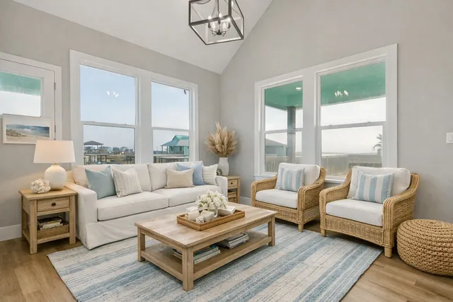 a living room with furniture a table and a large window