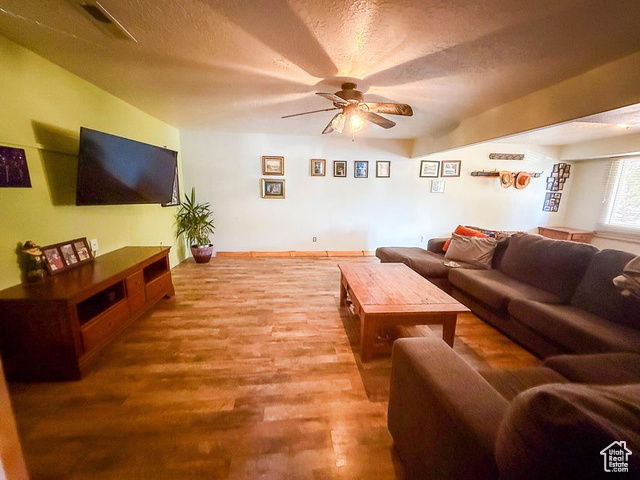 425 East Mule Deer Road Central, UT 84722 - Photo 36 of 72 Living area with a ceiling fan, wood finished floors, and a textured ceiling