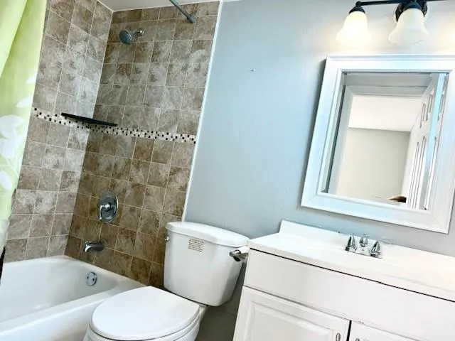 a bathroom with a toilet sink vanity tub and mirror