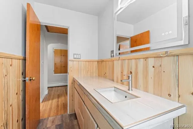 a bathroom with a sink a mirror and a shower