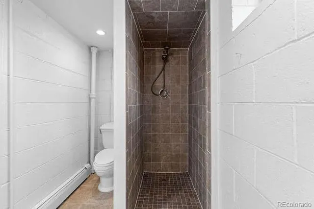 a bathroom with a shower and toilet