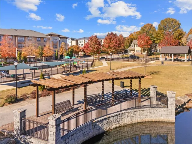 an aerial view of a swimming pool