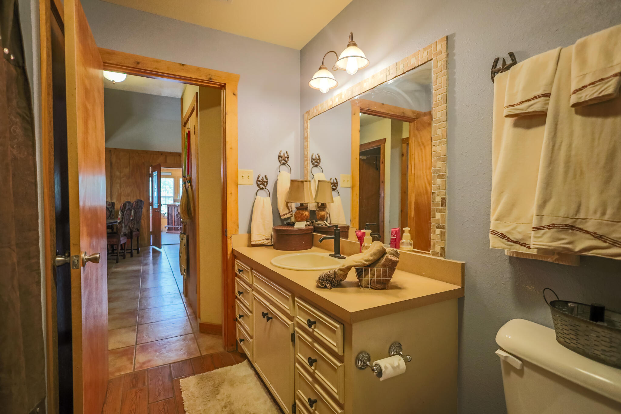 3401 East Regis Street Lubbock, TX 79403 - Photo 27 of 65 a bathroom with a sink a toilet and a mirror
