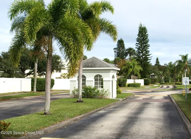 a view of a house with a yard and palm trees