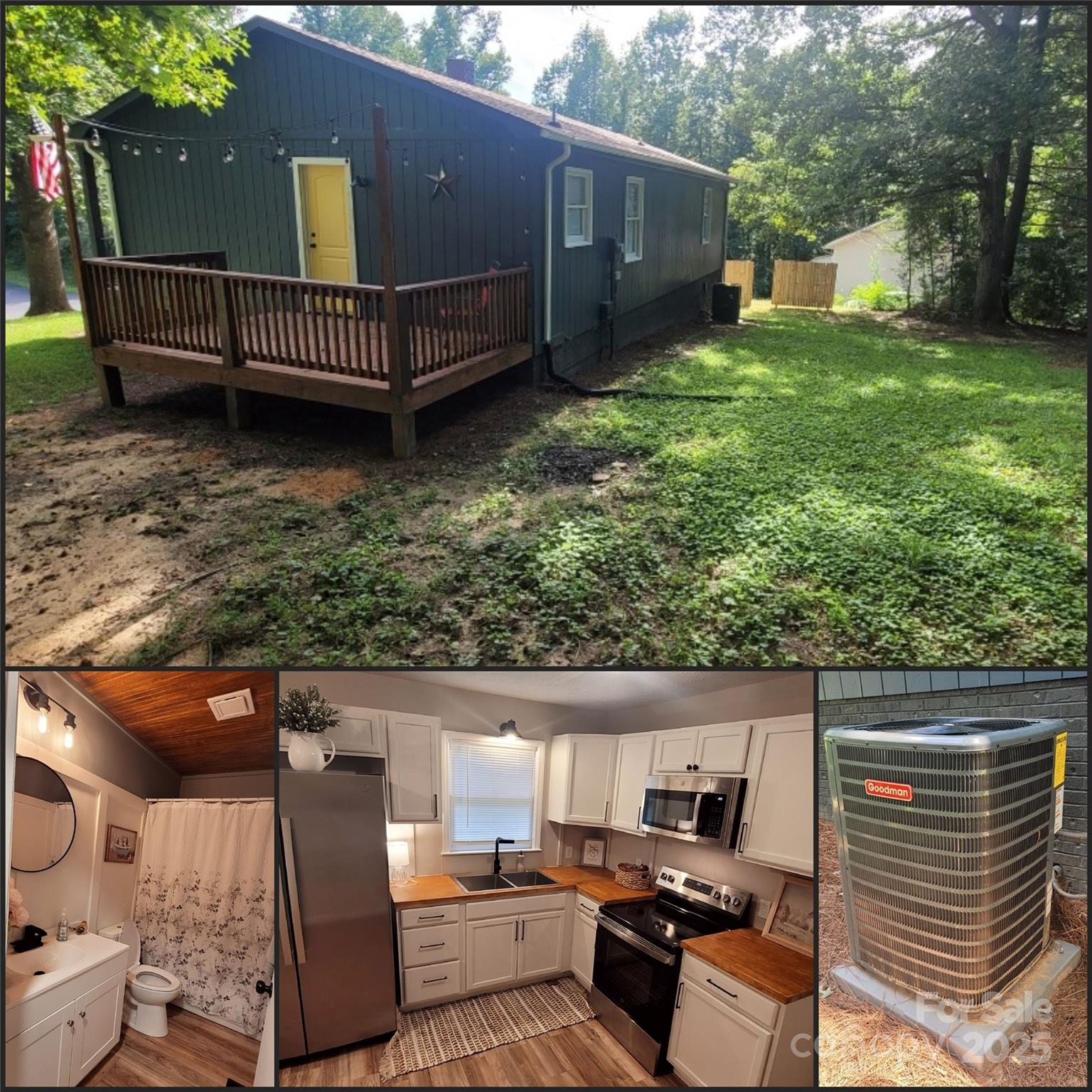 a view of a backyard with sitting area and garden