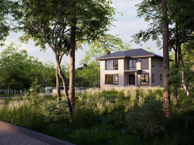 a view of a house with balcony and garden