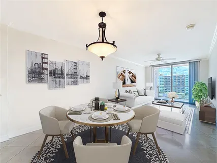 a view of a dining room with furniture window and outside view