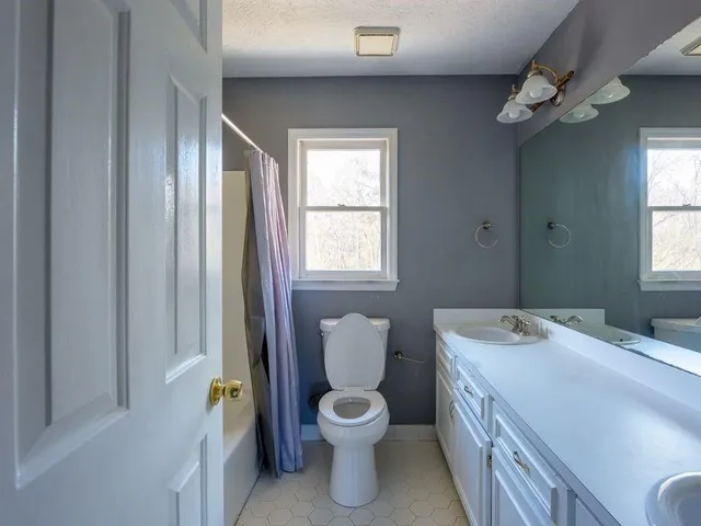 a bathroom with a toilet sink and mirror