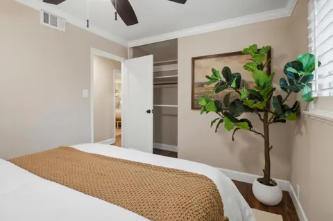 a bedroom with a bed potted plant and a window