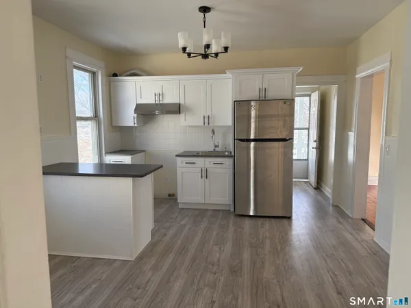 a kitchen with a refrigerator a sink and wooden floor