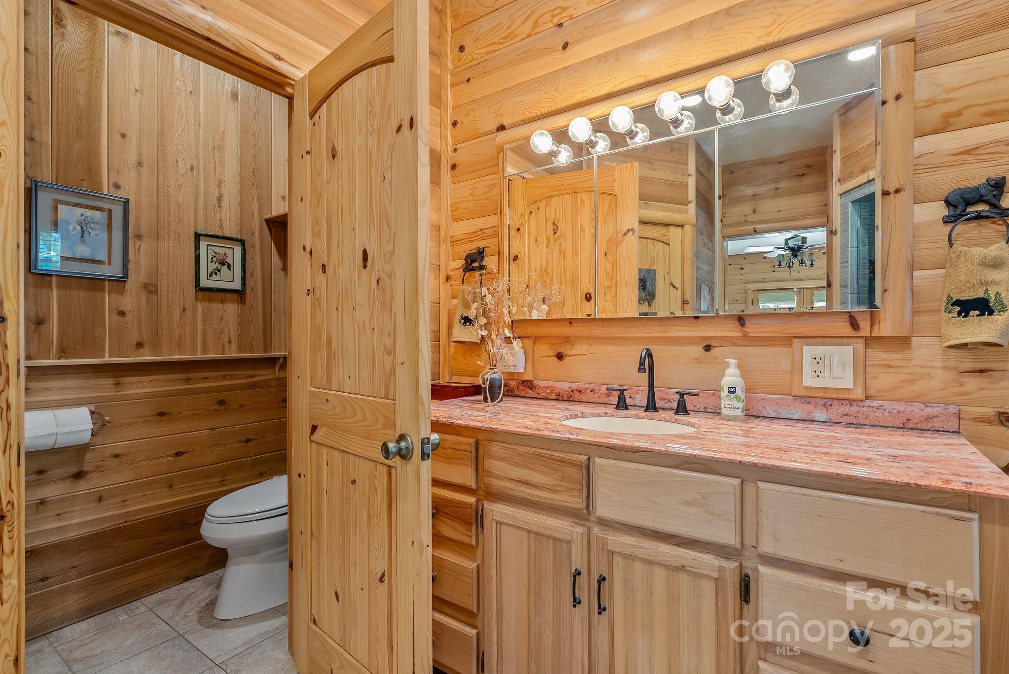 1104 Long Br Road Marshall, NC 28753 - Photo 23 of 45 a bathroom with a granite countertop sink toilet a mirror and shower