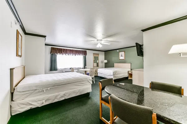 a bed room with a bed and a television