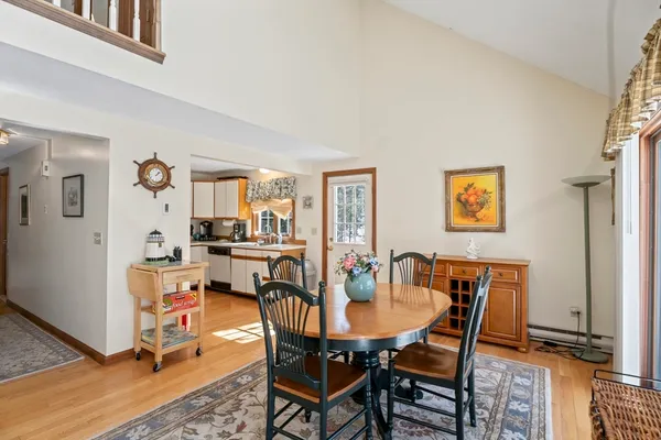 a view of a dining room with furniture