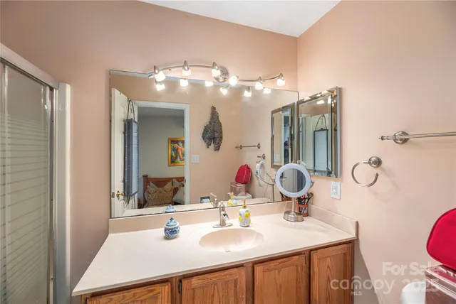 a bathroom with a sink mirror vanity and toilet