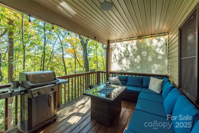 a balcony with furniture and a potted plant