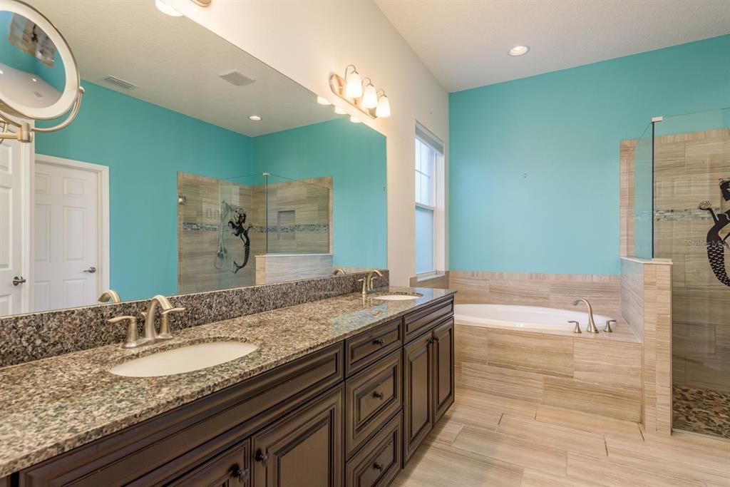 5116 Coastal Scene Drive Apollo Beach, FL 33572 - Photo 21 of 36 a bathroom with a granite countertop sink and a large mirror