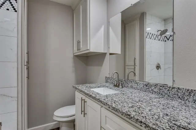 a bathroom with a granite countertop sink a toilet and a mirror