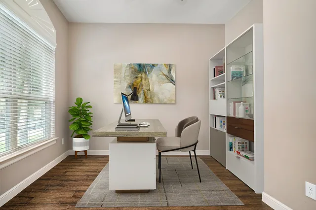 a living room with furniture and a potted plant