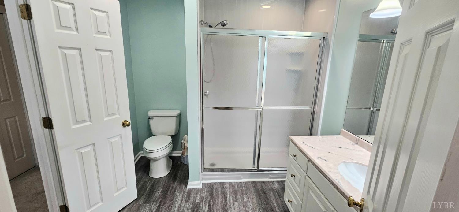 204 Shaker Lane Forest, VA 24551 - Photo 34 of 41 a bathroom with a granite countertop shower and a toilet