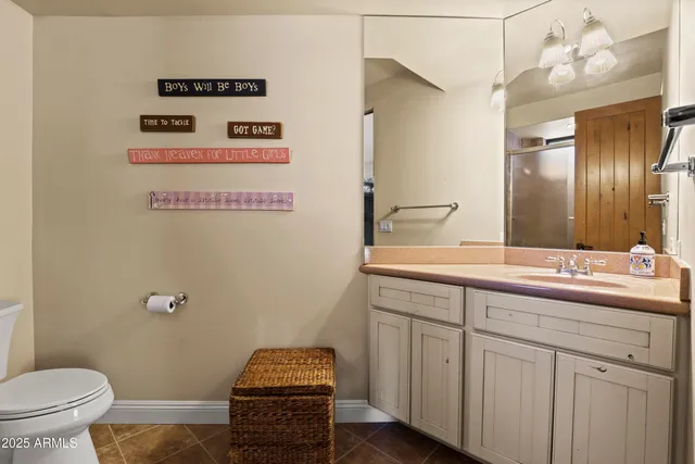 a bathroom with a sink a toilet and mirror