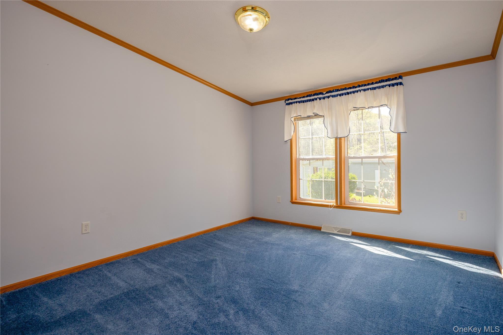 39 Cedar Flats Road Stony Point, NY 10980 - Photo 27 of 27 Room featuring a double window, blue carpeting, light-toned walls, wood trim, and a ceiling-mounted light fixture
