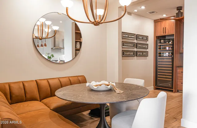 a view of a dining room with furniture