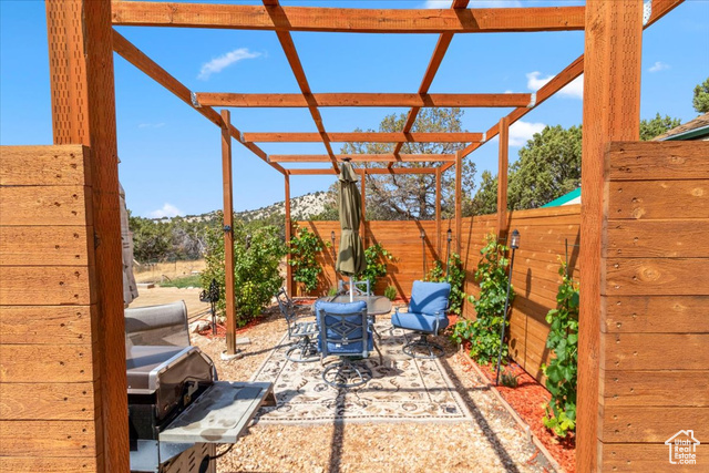 11450 Pigeon Hollow Road Spring City, UT 84662 - Photo 31 of 47 Fenced backyard featuring a patio area, a grill, a pergola, and outdoor dining space