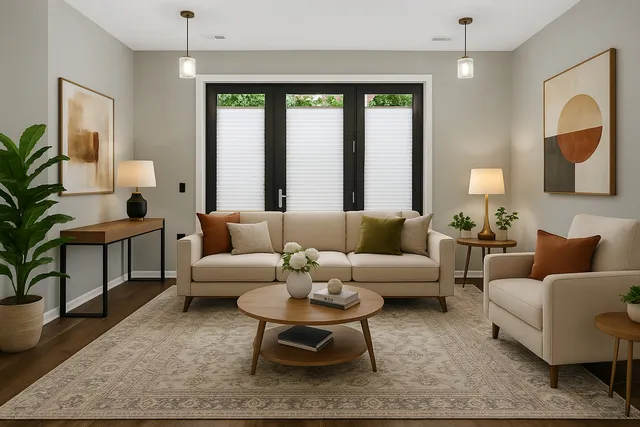 a living room with furniture and a large window