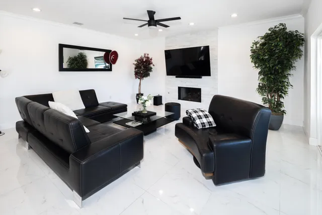 a living room with a potted plant