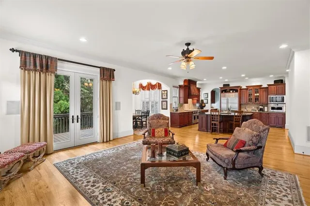 a view of a livingroom with wooden floor