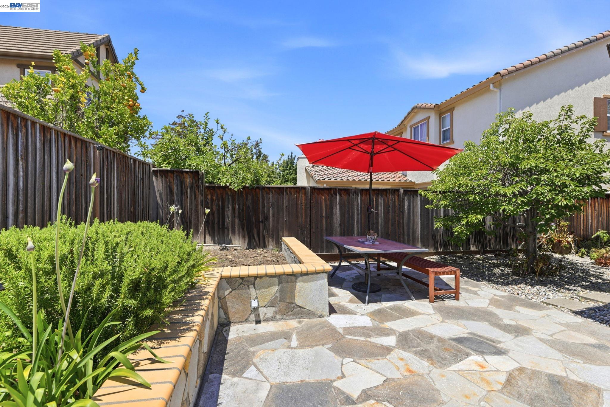 5029 Queensbury Way San Ramon, CA 94582 - Photo 35 of 58 a view of a patio with table and chairs under an umbrella