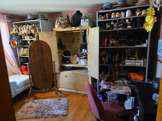 a room with lots of stuff and a fireplace