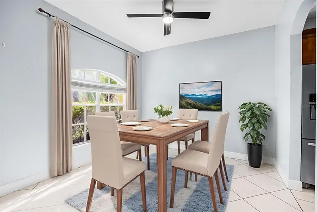 a view of a dining room with furniture window and outside view