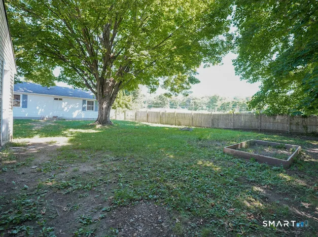 a view of a backyard with large trees