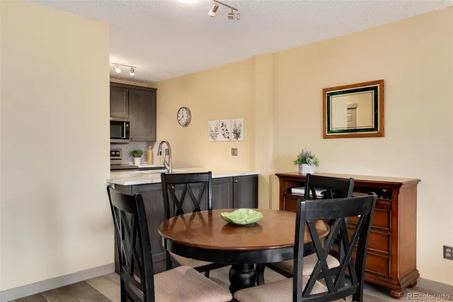 a view of a dining room with furniture