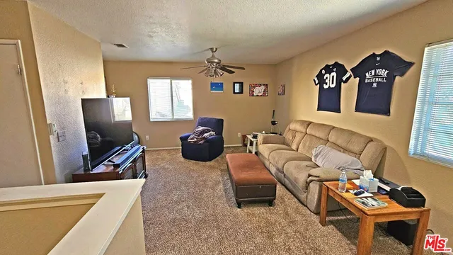 a living room with furniture a flat screen tv and a refrigerator